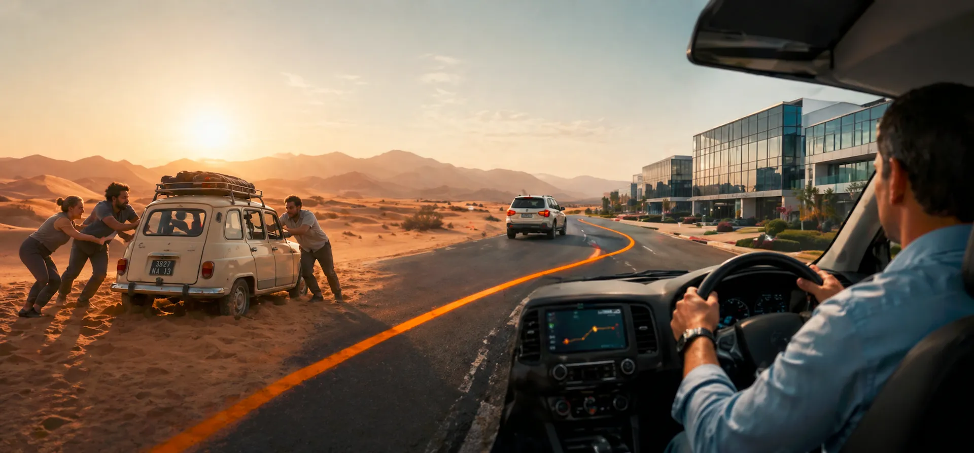 Un manager au volant pilote son équipe vers un immeuble d'entreprise, tandis que des collaborateurs surmontent ensemble un obstacle dans le désert — transformation collective, engagement et progression vers la performance avec le Mental4x4Trophy®